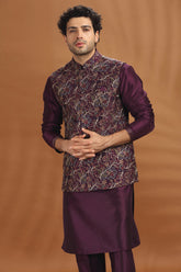 Wine Purple Silk Kurta Pajama with Embroidered Jacket